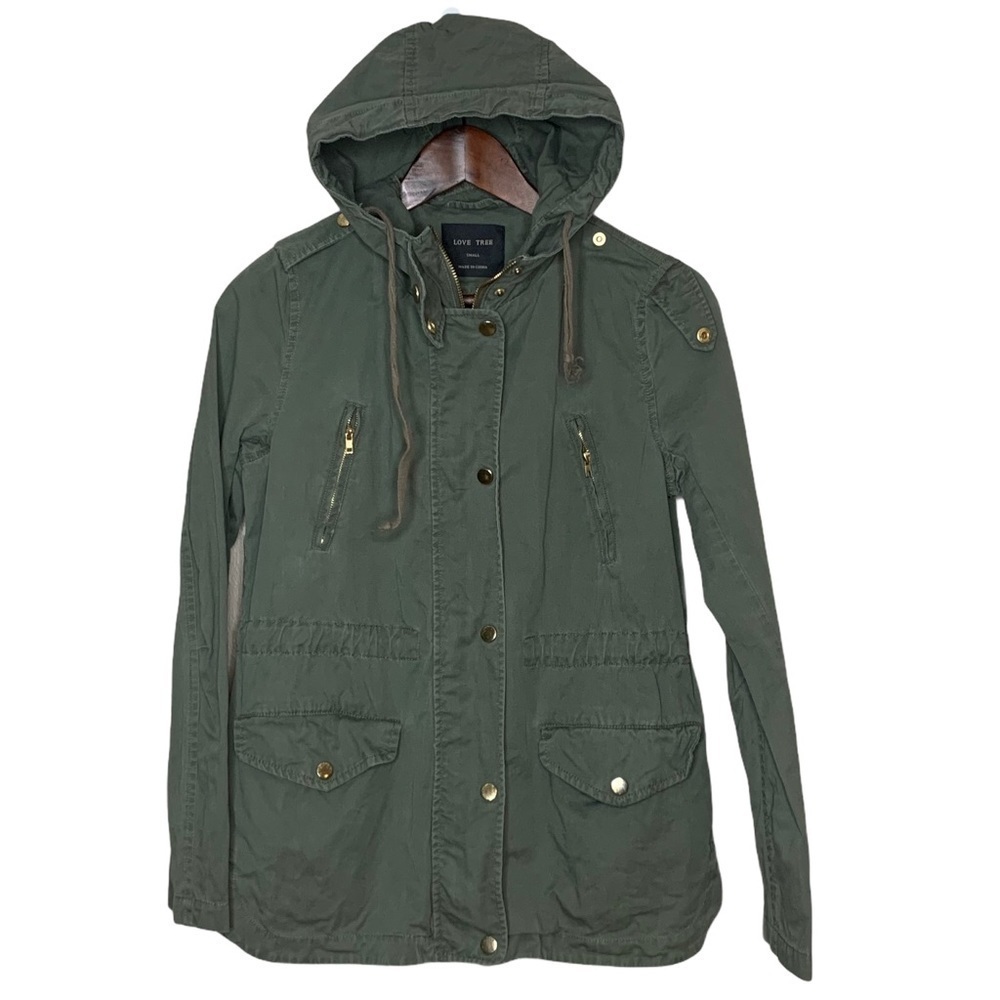 Love Tree Womens Small Military Jacket Green Full Zip Hooded Cotton Drawstring